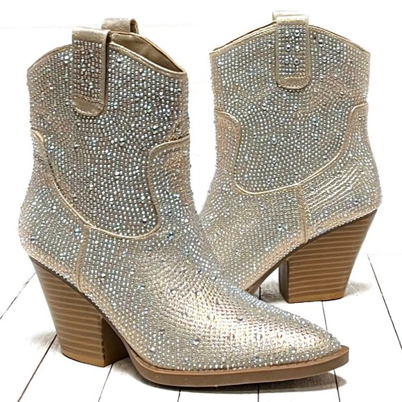 Shoes - New Women Champagne Gold Blingy Rhinestone Cowboy Western Ankle Boots Booties